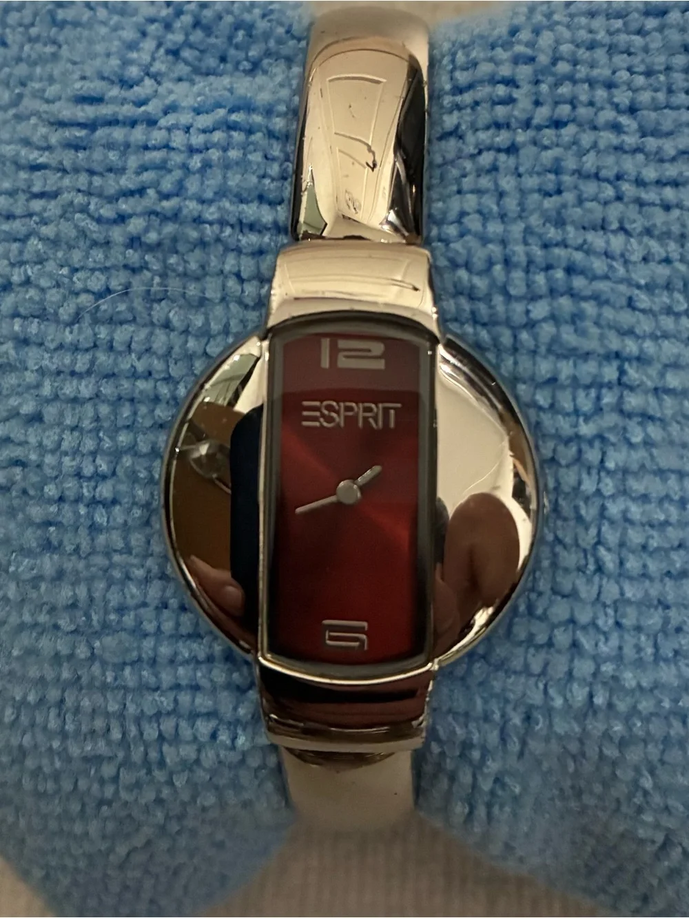 Vintage Esprit Silver Bangle Watch with Deep Red Dial
